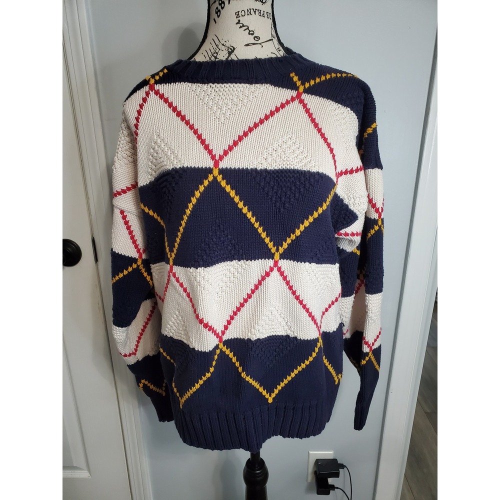 Vintage Gap Argyle Knit Sweater Mens Small Navy Blue Cream Cotton Crewneck